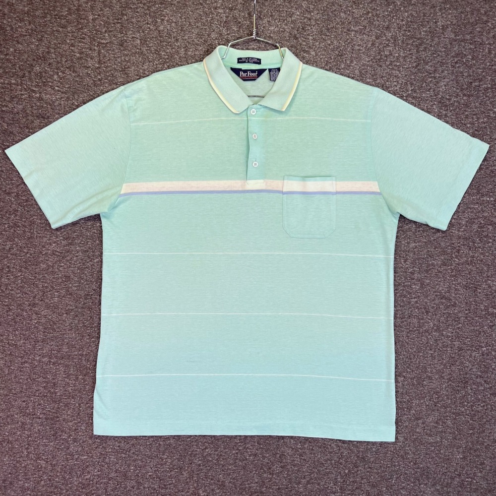 VTG Par Four Shirt Mens L Mint Stripe Casual Golf Polo Short Sleeve Pocket Retro